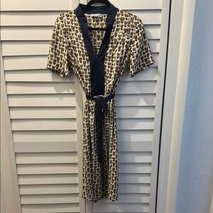 NICOLE FARHI Navy and Cream Leaf Print Knee Length Dress